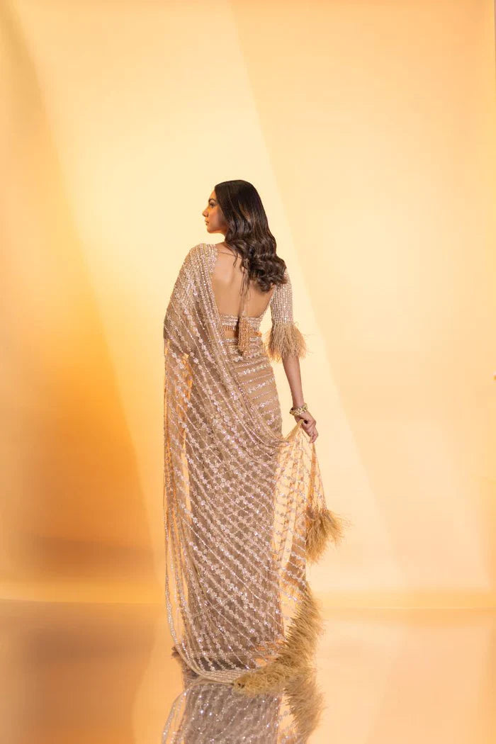 Golden Saree with Sequence Embroidery Work