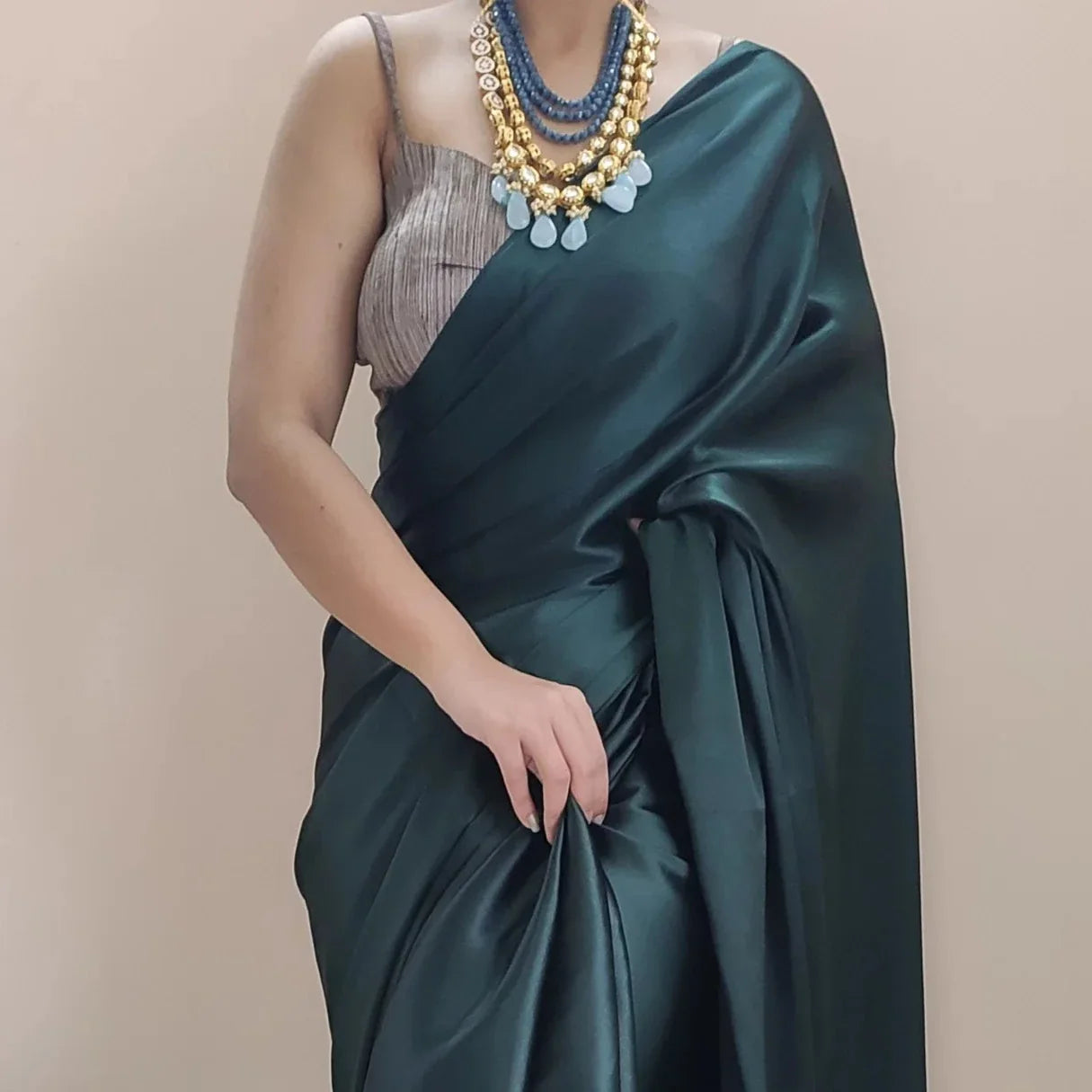 Dark Blackish Green Ready to Wear Satin Silk Saree With Handmade Tassels On Pallu