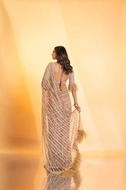 Golden Saree with Sequence Embroidery Work