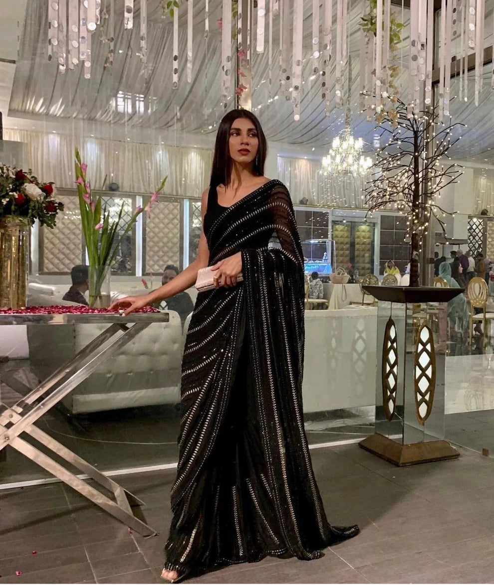 Premium Signature Black Saree With Sequence Embroidery Work