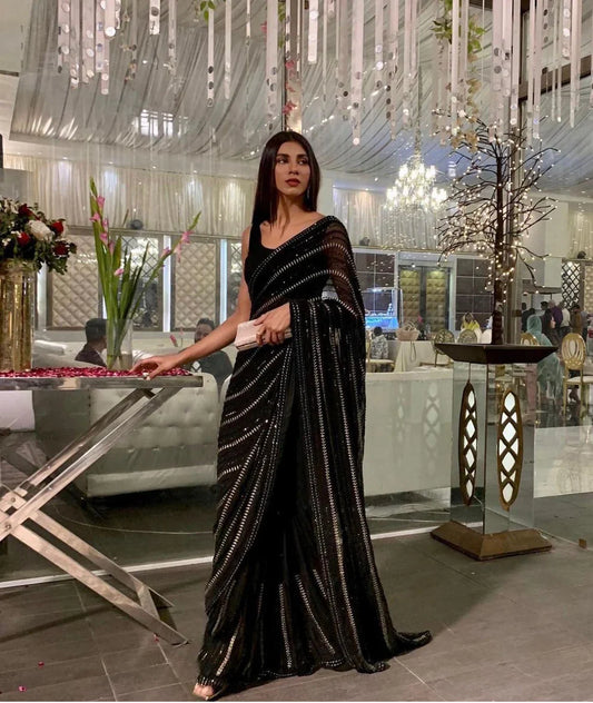 Premium Signature Black Saree With Sequence Embroidery Work