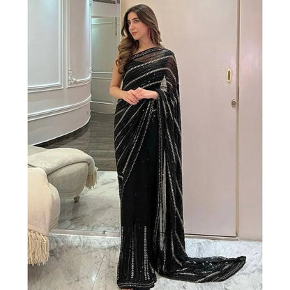 Premium Signature Black Saree With Sequence Embroidery Work