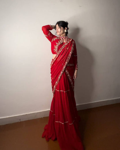 Pre-Draped Red Indo-Western Saree - Fully Stitched