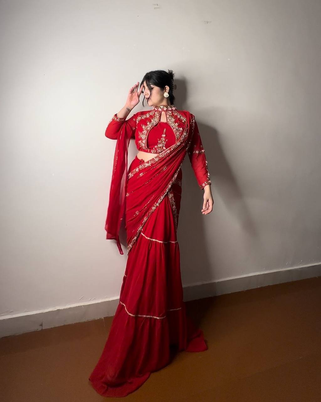 Pre-Draped Red Indo-Western Saree - Fully Stitched