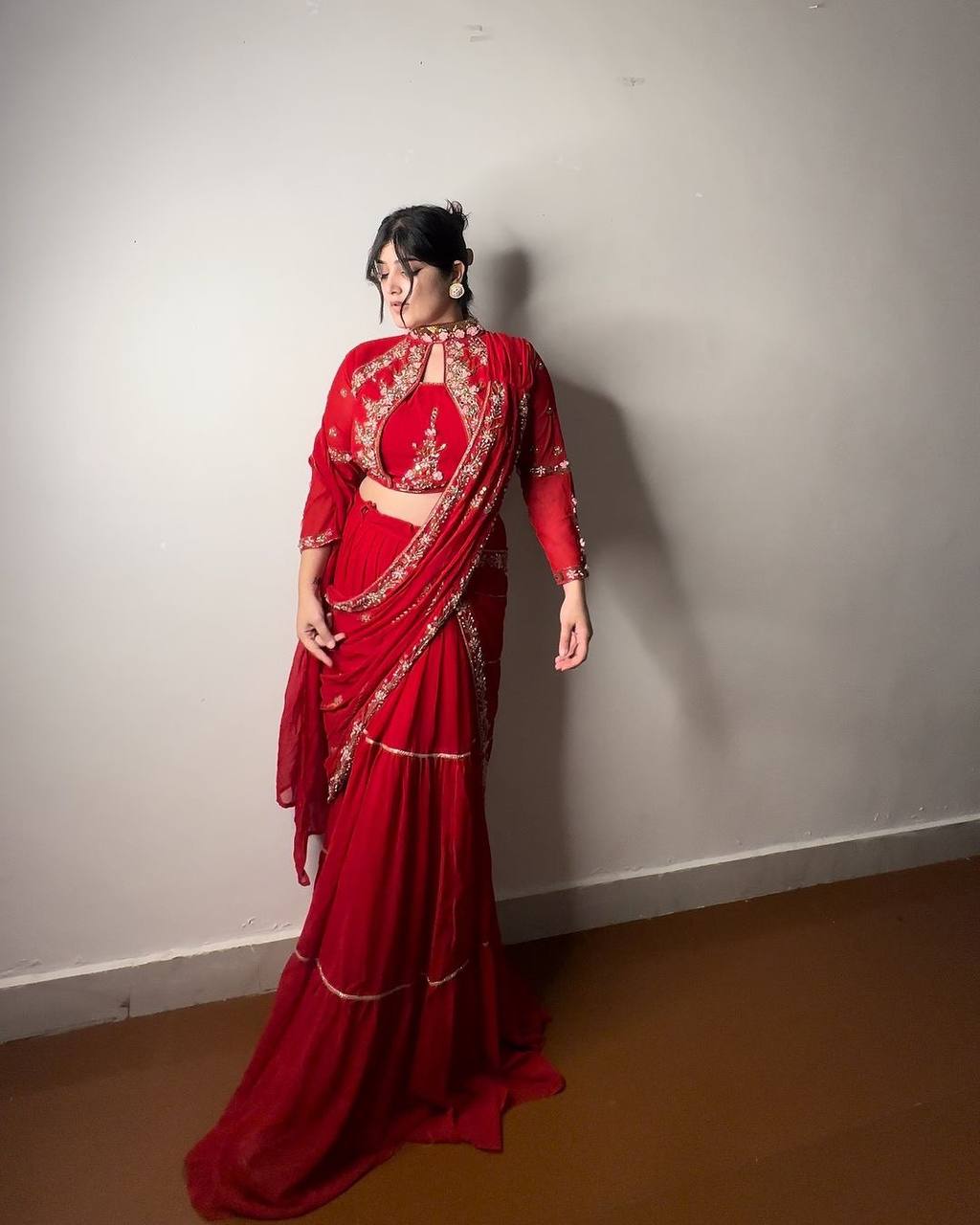 Pre-Draped Red Indo-Western Saree - Fully Stitched