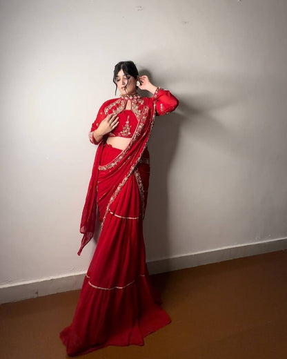Pre-Draped Red Indo-Western Saree - Fully Stitched