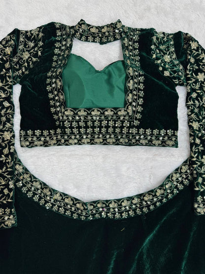 Green Velvet Viscose Lehenga with Golden Thread Work