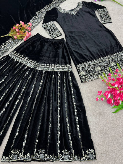 Premium Black Velvet Sharara Suit - Full Stitched