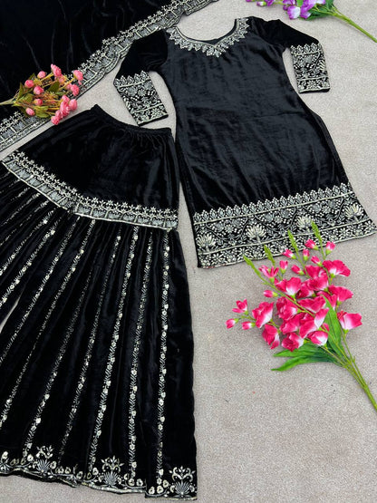 Premium Black Velvet Sharara Suit - Full Stitched