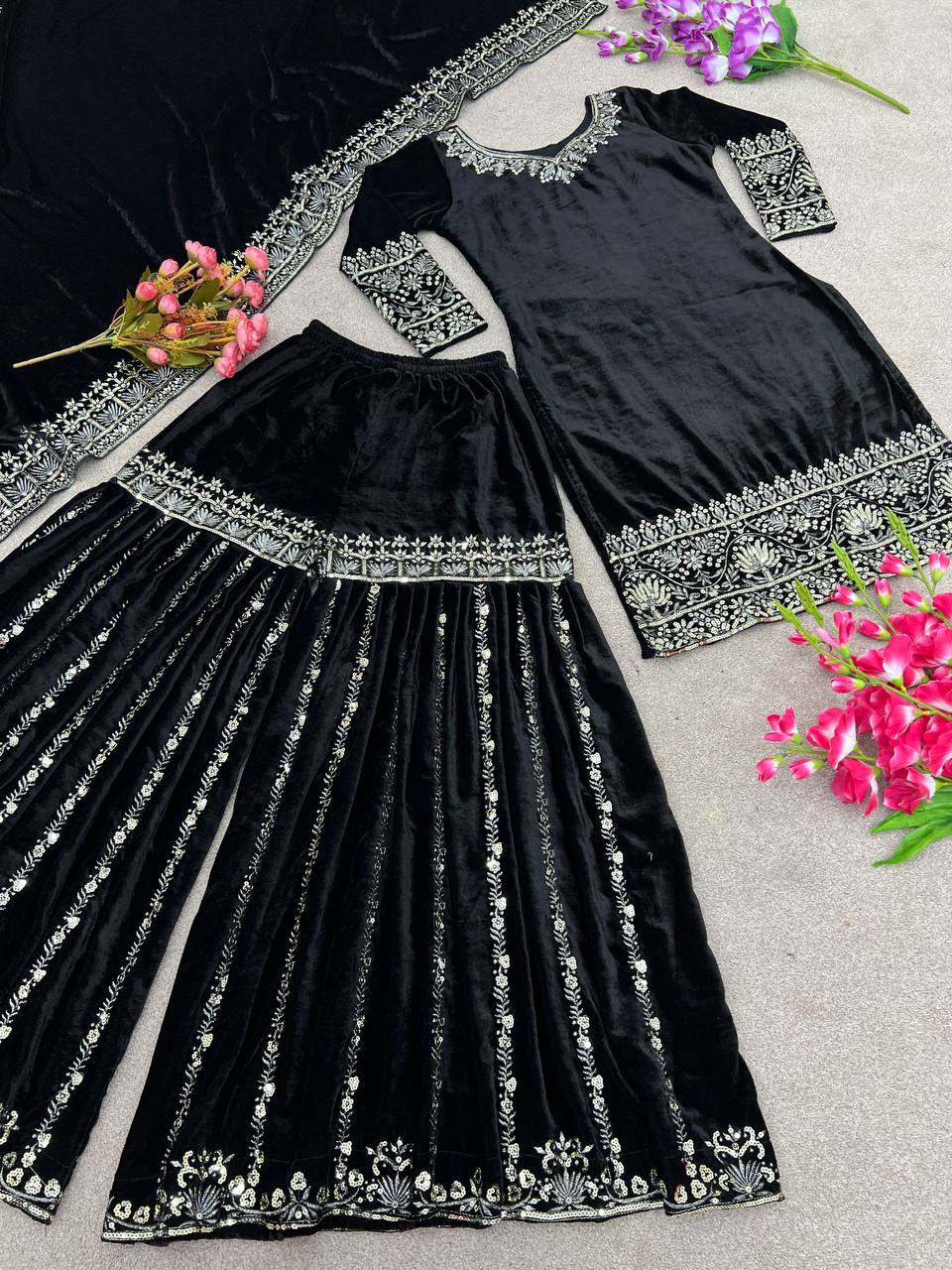 Premium Black Velvet Sharara Suit - Full Stitched