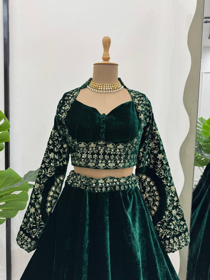 Green Velvet Viscose Lehenga with Golden Thread Work