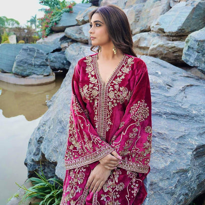 Magenta Pink Heavy Velvet Suit Set (Fully Stitched)
