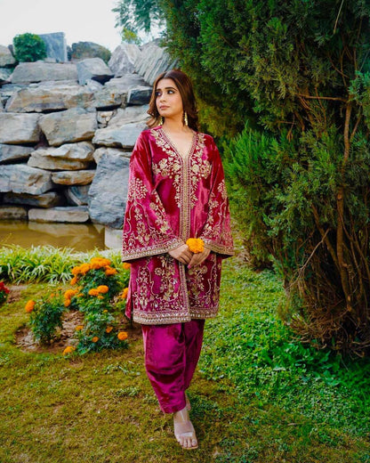 Magenta Pink Heavy Velvet Suit Set (Fully Stitched)