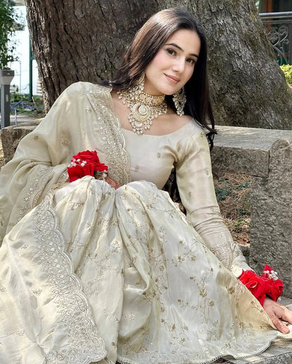 Ivory Silk Sharara Suit Set - Fully Stitched