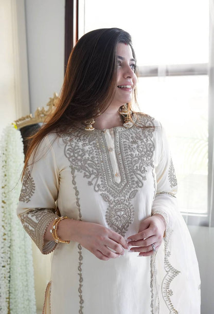The Ivory Silk Suit Set With Heavy Embroidery - Fully Stitched